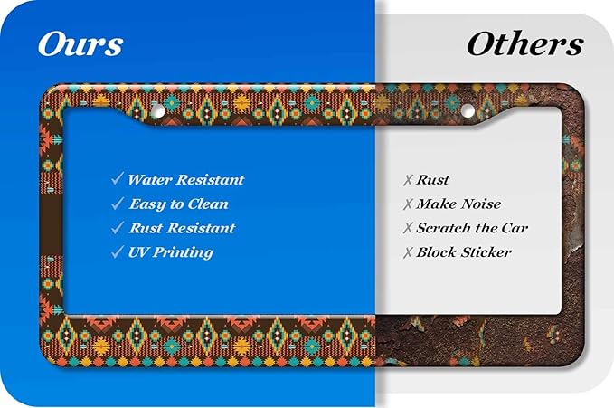 2PCS Native American Geometric Patterns License Plate Frames for Men Women - Vintage Color Block Universal Aluminum Stainless Steel Car Tag Covers Holder with Rattle Proof Pads and Handlebar Stickers