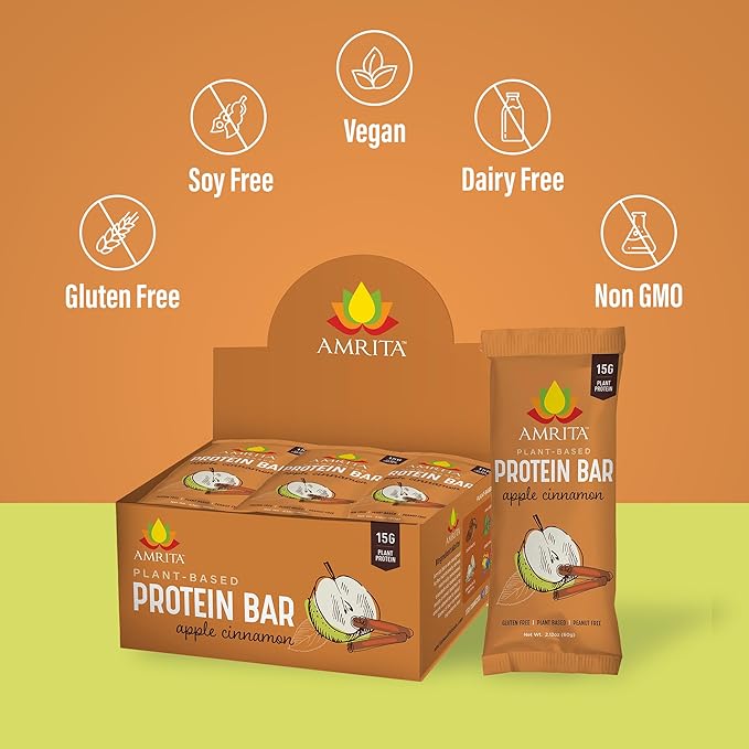 Amrita Nut Free Vegan Protein Bars (12 CT PK of 3) | Apple Cinnamon 15g Plant-Based Protein Bar, Peanut-Free, Gluten Free, and Dairy-Free, No Added Sugar, High Fiber, Healthy Snacks for Kids/Adults