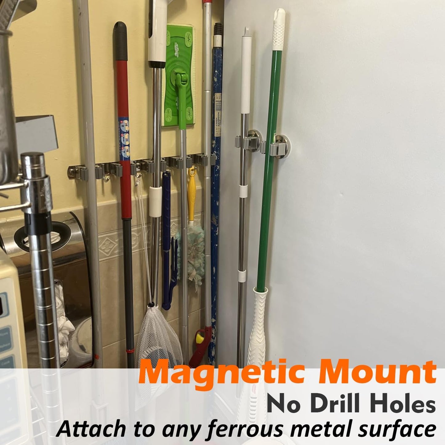 MUTUACTOR Magnetic Broom Holders,2pcs Anti-broken Heavy Duty Magnetic Clips Wall Mount,No Drilling 10lbs Magnetic Hooks Broom Mop Brackets for Work Cargo Garage Laundry Work Van Accessories