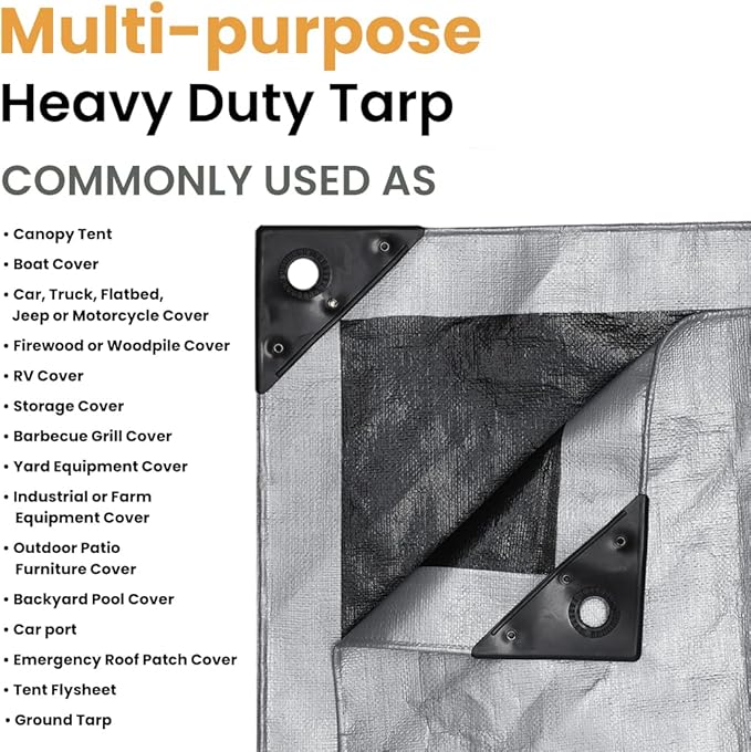 WHITEDUCK Super Heavy Duty Poly Tarp Cover 16 Mil & 10 Mil with Grommets and Reinforced Edges (Brown, White & Silver Black) (Silver Black- 16 Mil, 16' x 20')