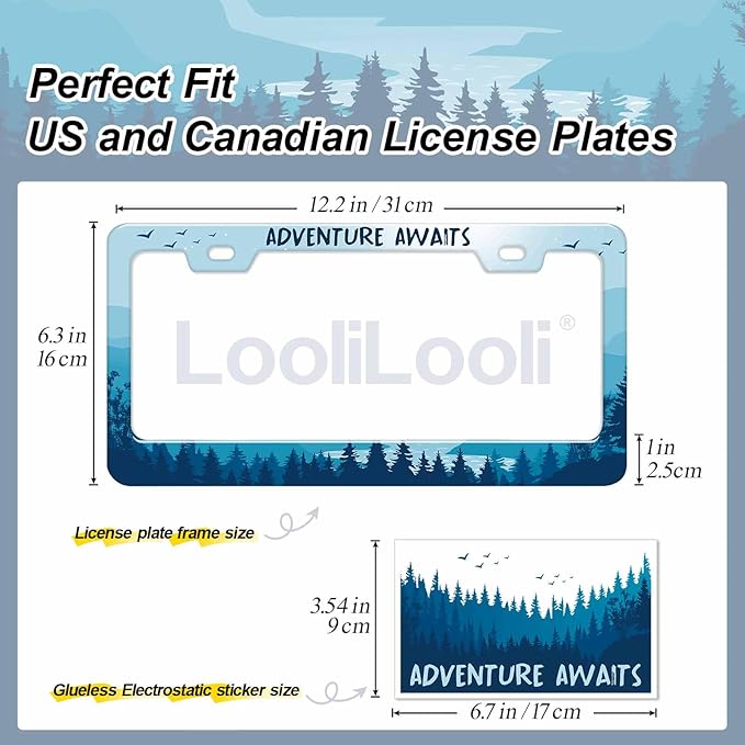 2pcs Blue Mountain Adventure AwaitsLicense Plate Frame for Women, Nature Forest Mountain River Landscape car tag Frames Girly for Vehicle with Non Adhesive Electrostatic Sticker