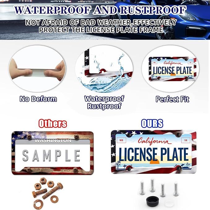 LIN KANG American Flag License Plate Frame Holder - 2 Pack Patriotic Universal Aluminum Matte Stripe US Flag Gloss Car Plate Frame Covers with 4 Holes and Screws Fasteners Caps
