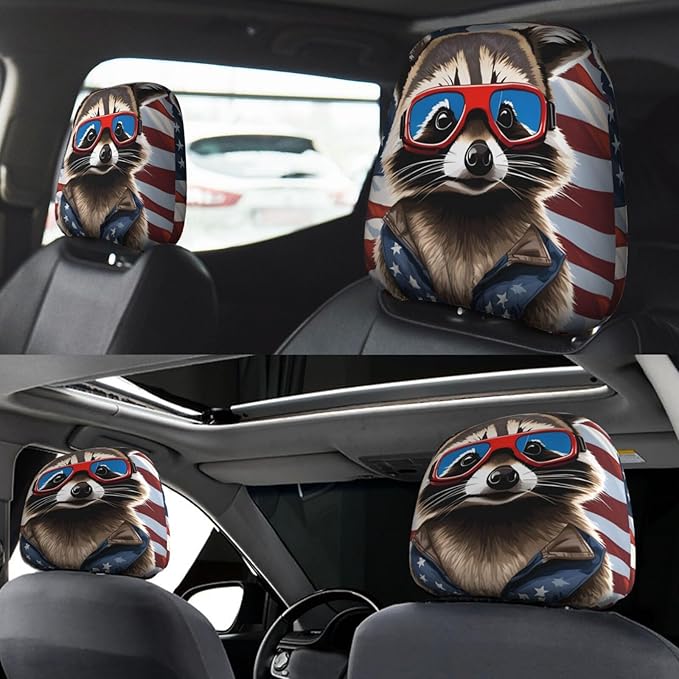Dujiea 2 Pack Raccoon American Flag Car Headrest Covers, Universal Soft Car Seat Head Rest Cover Protector, Vehicle Accessories Fabric Headrest Cover for Cars Vans Trucks