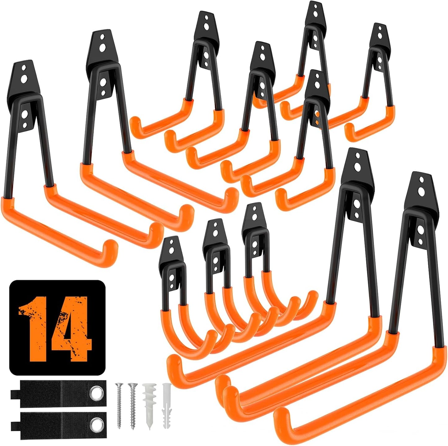 QcoQce 14 Pack Garage Hooks Heavy Duty with 2 Extension Cord Straps,Garage Storage Hooks, Wall Mount Hooks, Garage Organization and Tool Hangers for Bike, Ladder, Ropes and Garden Tools(Orange)