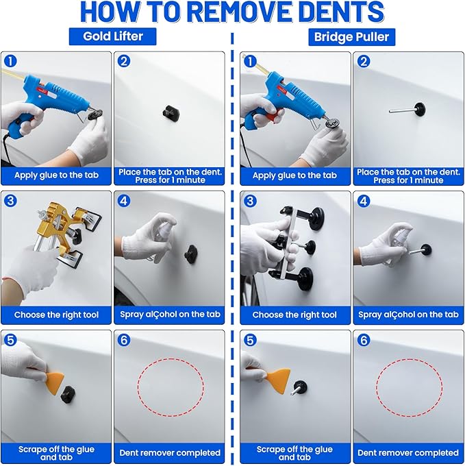 52Pcs Car Dent Puller Kit, Paintless Dent Removal Kit with Adjustable Bridge Puller & Golden Lifter, Dent Repair Kit for Car Hail Damage Large & Small Dent, Refrigerator Door Dent DIY Removal