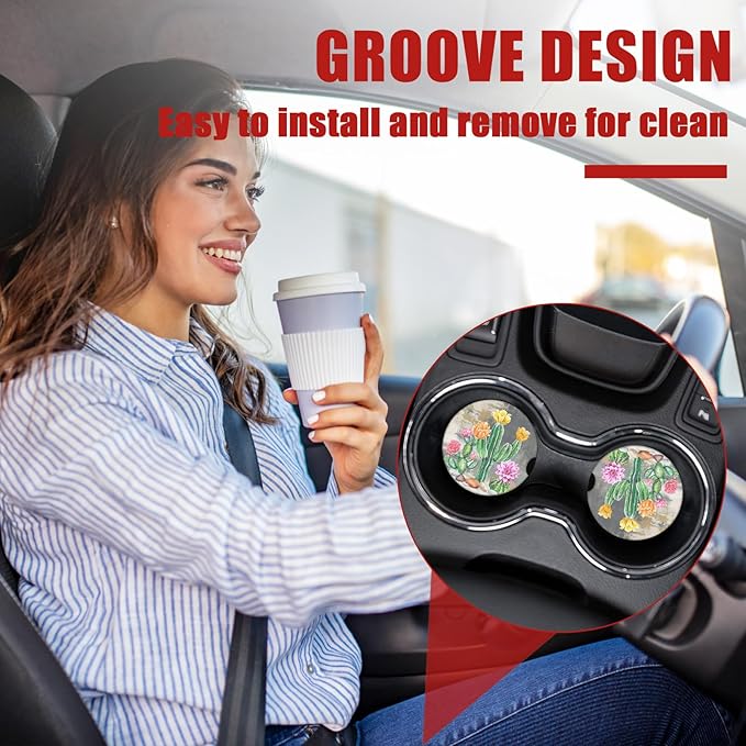 Tropical Cactus Car Coasters for Cup Holders, Plant Flower Absorbent Ceramic Car Coaster Car Cup Holder Coaster Car Accessories for Women Men (2 Pack)