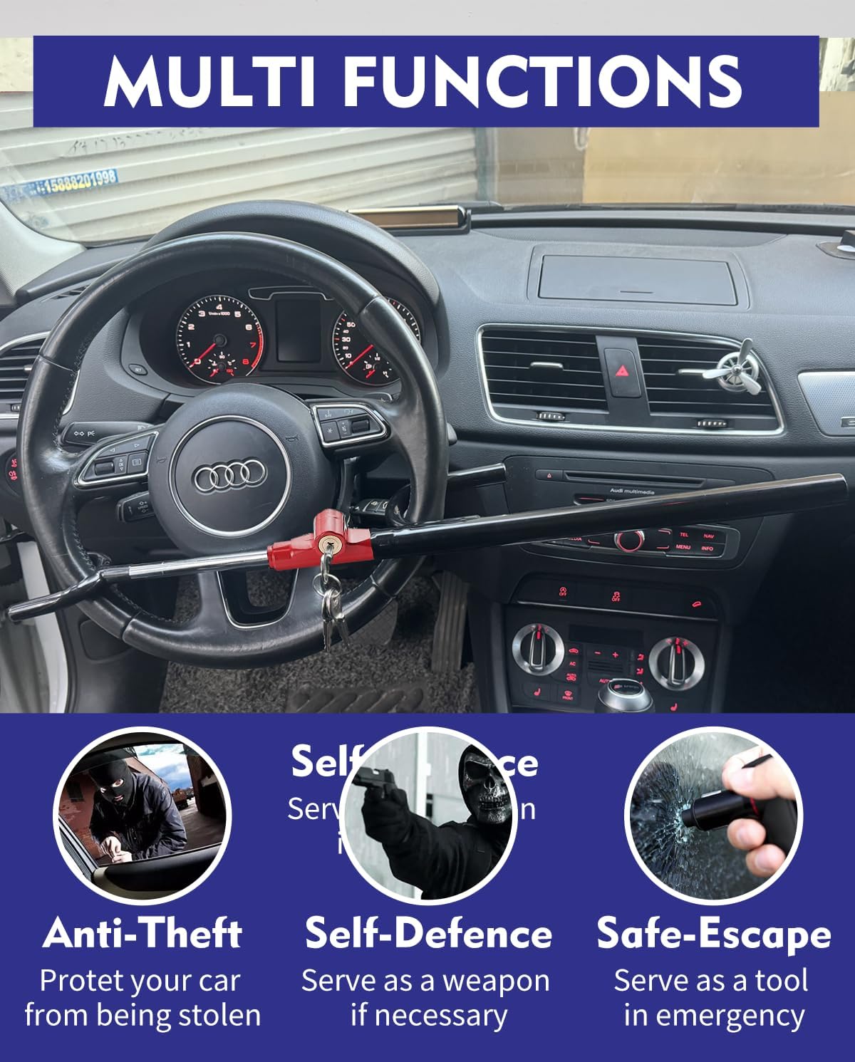 Steering Wheel Lock Anti-Theft car Device Car Wheel Locks Heavy Duty Vehicle Security Steering Wheel Lock for Truck Car Vehicles Van Lorry SUV with 4 Keys, Elongated Length BlackRed