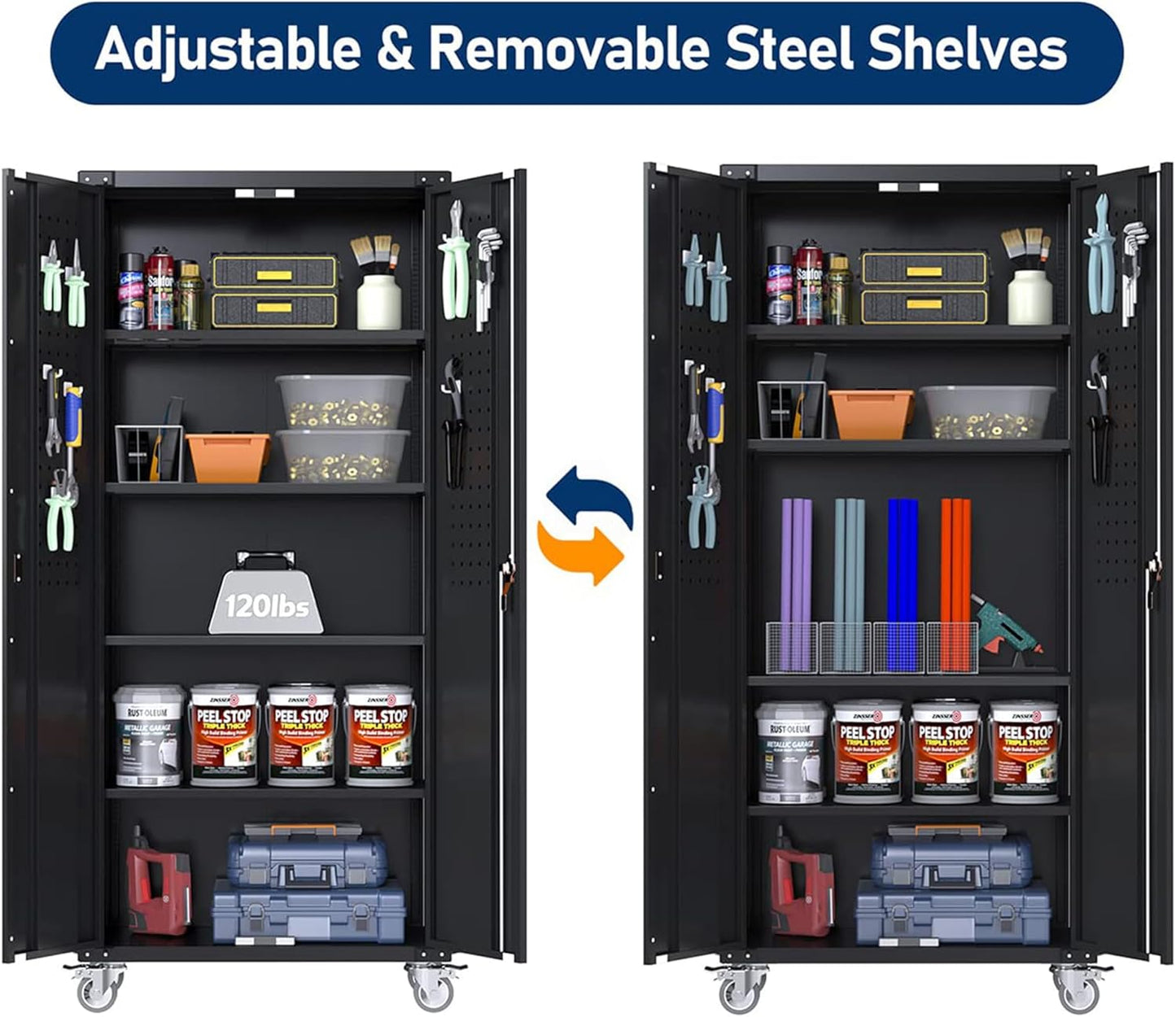 Garage Storage Cabinet with Wheels & Pegboard, 72" H Locking Metal Storage Cabinet with Doors and 4 Adjustable Shelves for Garage Workshop Home, Assembly Required, Black