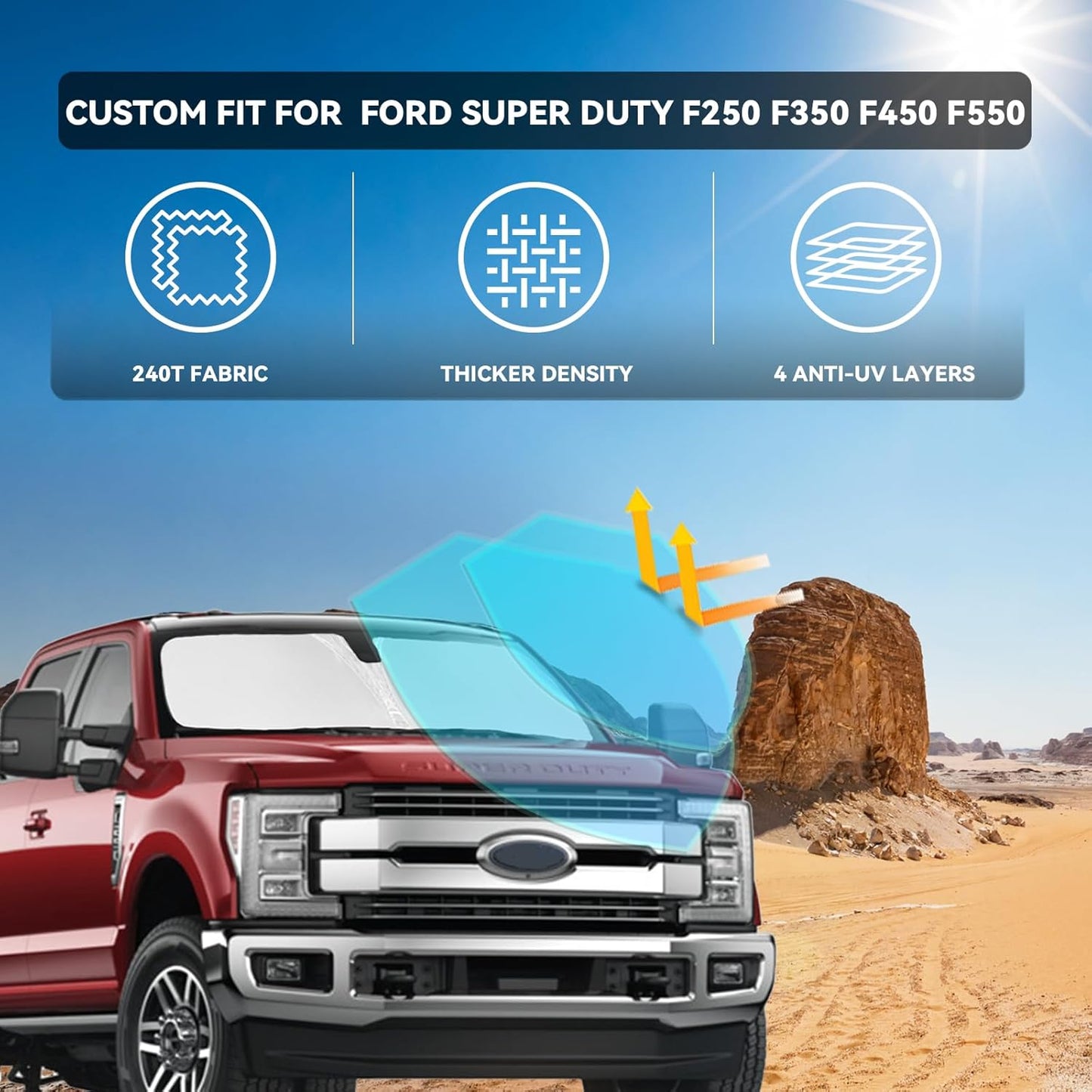 for Ford Super Duty F250 F350 F450 F550 2017-2024 2025 Windshield Sun Shade - 4 Layers Car Sunshades for Front Window Shade Cover Custom Fit F-250 Sun Visor 240T Shade Blocks UV Rays Car Accessories