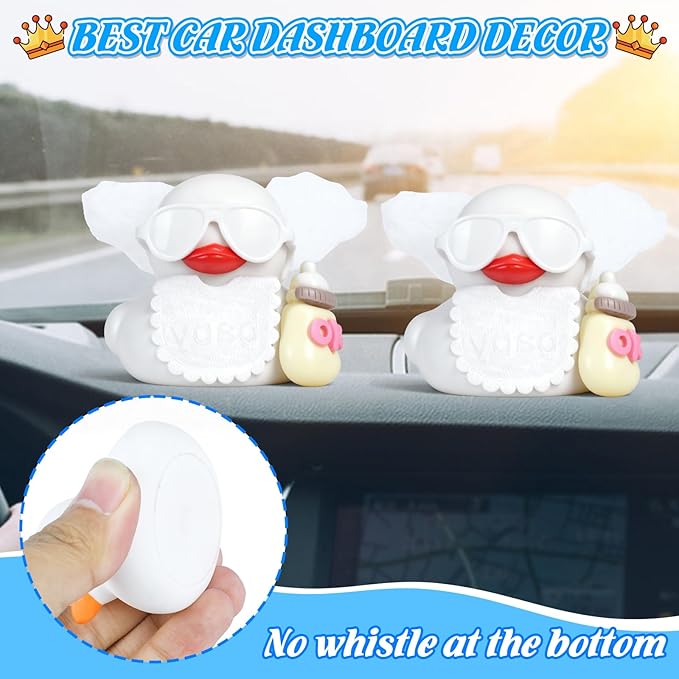 White Rubber Duck Car Decor with Wings, White Sunglasses, OK Bottle & Bib, DIY Dashboard Ornaments for Car, Office, Home,4 Small & 1 Large Stickers