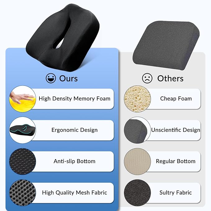 Ergonomic Memory Foam Seat Cushion for Office Chair, Extra Large Pad with U-Shaped Design for Pressure Relief, Coccyx Sciatica & Back Pain Relief, for Home, Car Long Sitting (Black)