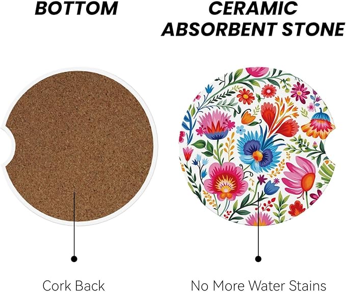 ABLESKY Car Coasters for Cup Holders, 2 Pack Absorbent Anti Slip Car Cup Holder Coasters, 2.56 Inch Ceramic Universal Size Auto Interior Accessories Women Men-Retro Flowers Colorful