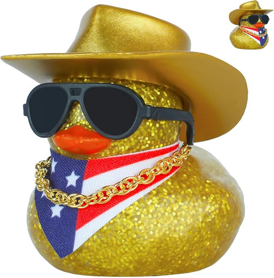 Cowboy Rubber Duck with Golden Hat, Sunglasses, Bandana & Necklace - Glitter Car Dashboard Decoration for Adults, Fun Stress Relief Gift with Adhesive Pads