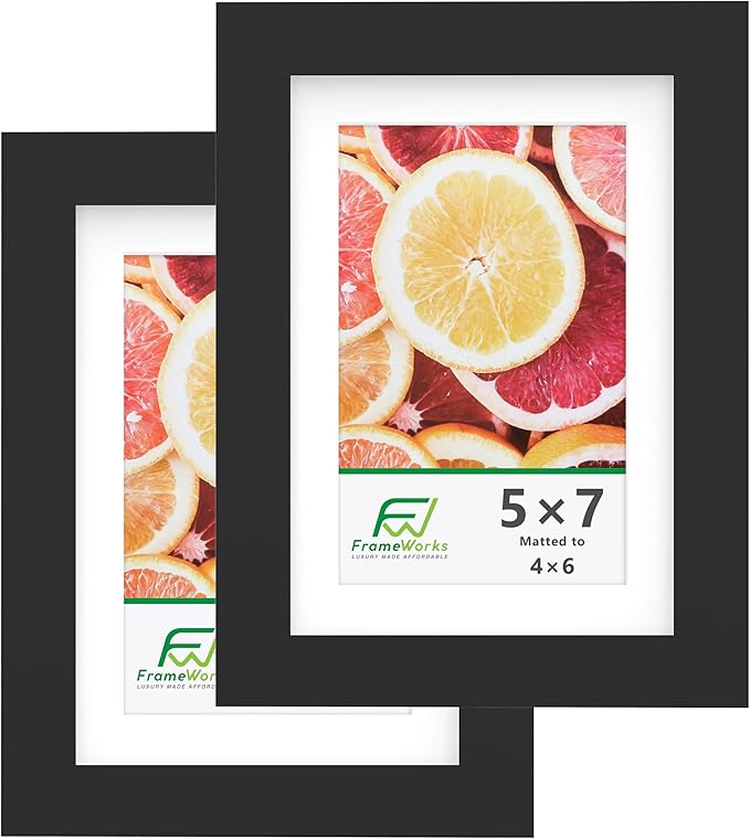 FrameWorks 2-Pack, 5x7 Matted to 4x6 Picture Frame, Black ??Classic Wooden Photo Frame with Tempered Glass, Modern Matte Finish for Prints, Posters, Certificates & Wall Decor ??Gallery-Ready