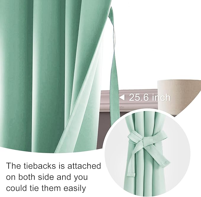 JIUZHEN Mint Green Blackout Curtains - 60 Inch Extra Wide Privacy Soundproof Thermal Insulated Light Blocking Curtains for Living Room,Bedroom, Set of 2 Panels, 60 x 72 inches