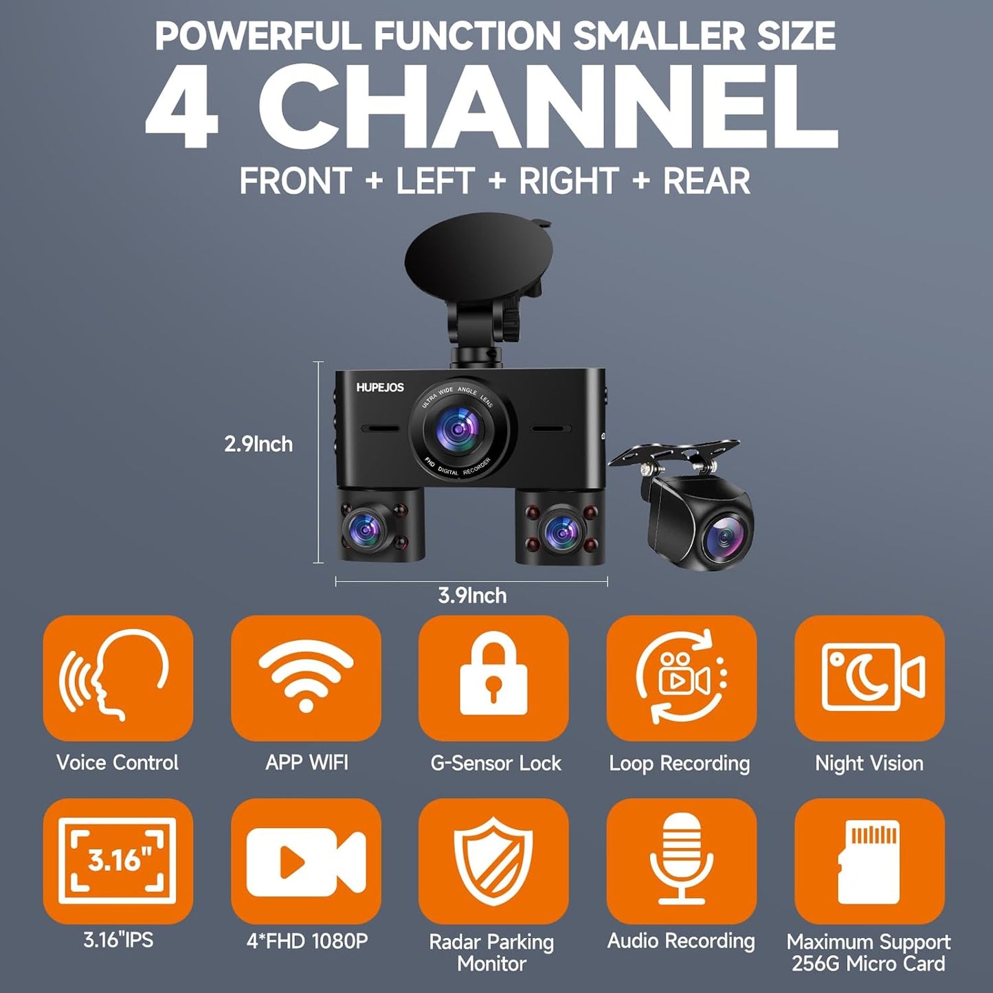 360° Dash Cam Front and Rear Inside, 4 Channel Dash Camera for Cars FHD 1080Px4, Built-in Wi-Fi, 3.16” IPS Screen, WDR Night Vision, Voice Control, Included 64GB Card, 24H Parking Mode