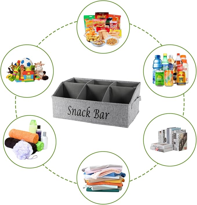 Snack Organizer for Countertop, Trapezoid Fabric Snack Bin Holder with Side Handles, 6 Compartment Snack Basket Container, Lightweight Snack Bar Station Organizer, Kitchen Pantry Storage-Gray