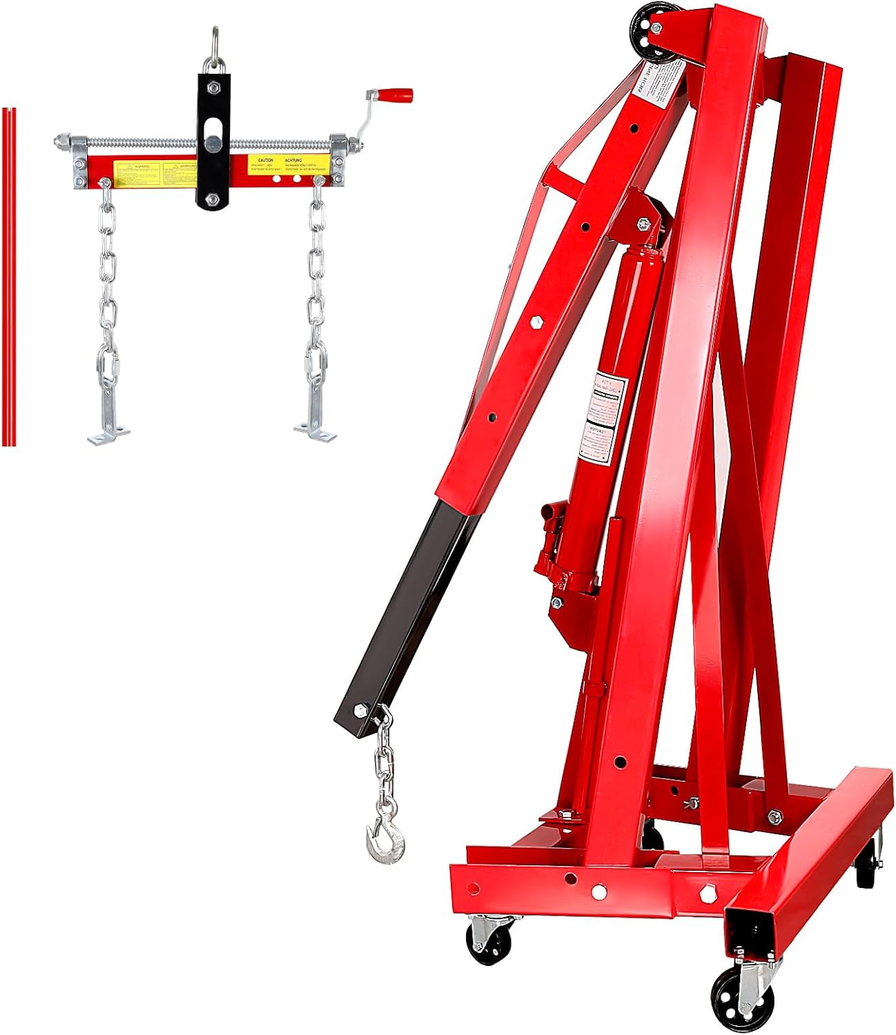 2 Ton Engine Hoist, Folding Cherry Picker Engine Hoist with Engine Leveler for Hoist and 6 Casters, Heavy Duty Hydraulic Shop Crane, Engine Crane Lifter for Workshops Garage Warehouse, Red