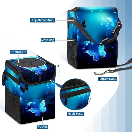 Blue Butterfly Glowing Car Trash Can with Lid, Collapsible Reusable Waterproof Garbage Can, Car Accessories Interior Organizer