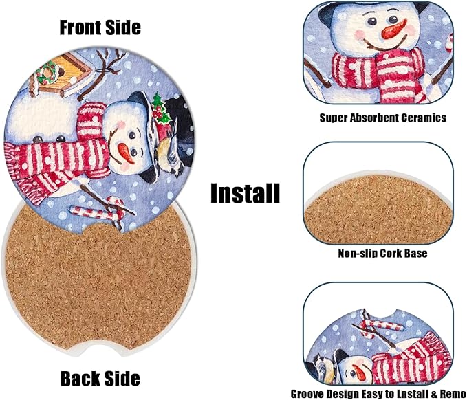Car Cup Holder Coaster - Christmas Snowman Absorbent Ceramic Coaster, Car Coasters for Cup Holders, Auto Accessories for Women & Men, Pack of 2