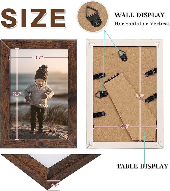 KINLINK 4x6 Picture Frame Rustic Brown Set of 4, Wooden Photo Frames with Plexiglass for 4x6 without Mat for Table and Wall Display