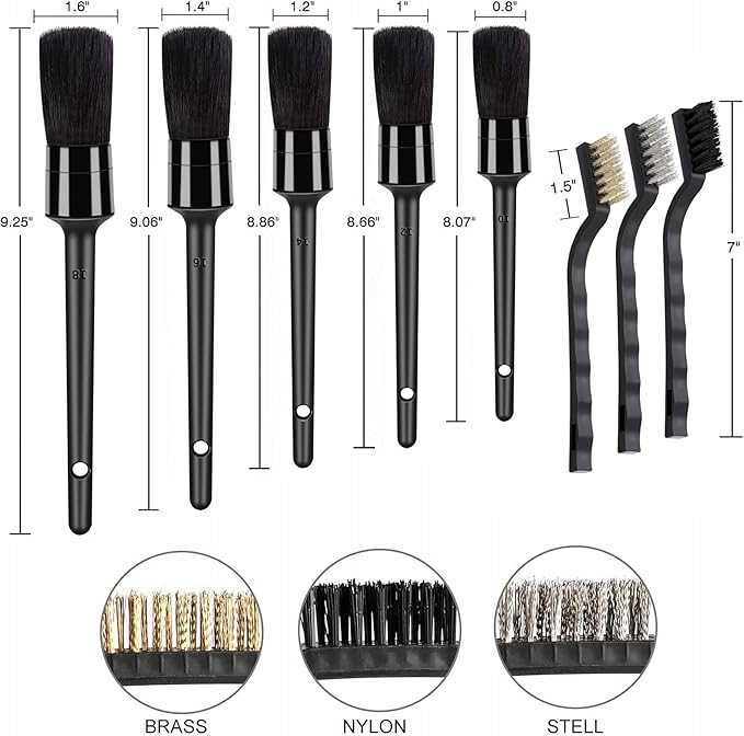 9pcs Auto Car Detailing Brush Set/ Interior Cleaning Kit Includes 5 Soft Premium Detail Brush, 3 Wire Brush & 1 Vent Cleaning Brush for Cleaning Interior, Dashboard, Engines, Leather, Wheel