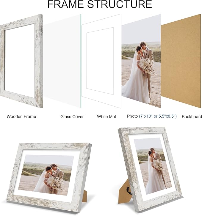 7x10 Picture Frame Set of 4, Made of Real Glass and Distressed White Frame - Display Picture 5.5x8.5 with Mat or 7x10 Without Mat, 7 by 10 Photo for Wall or Tabletop