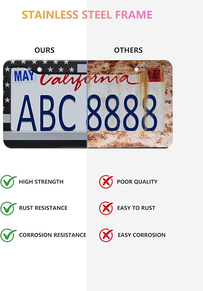 American Flag License Plate Frames - 2 Pack Black Stainless Steel Patriotic USA Car Tag Frame with UV-Printed Flag & 3D Metal Decals