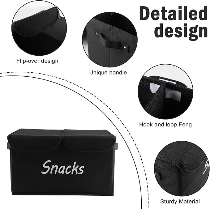 Snack Organizer for Pantry Shelf, Fabric Snack Organizer with Double Lids & Handles, Large 2-Compartment Snack Bin Snack Holder, Snack Basket for Chips Packets, Snack Bar Station Decor -Black