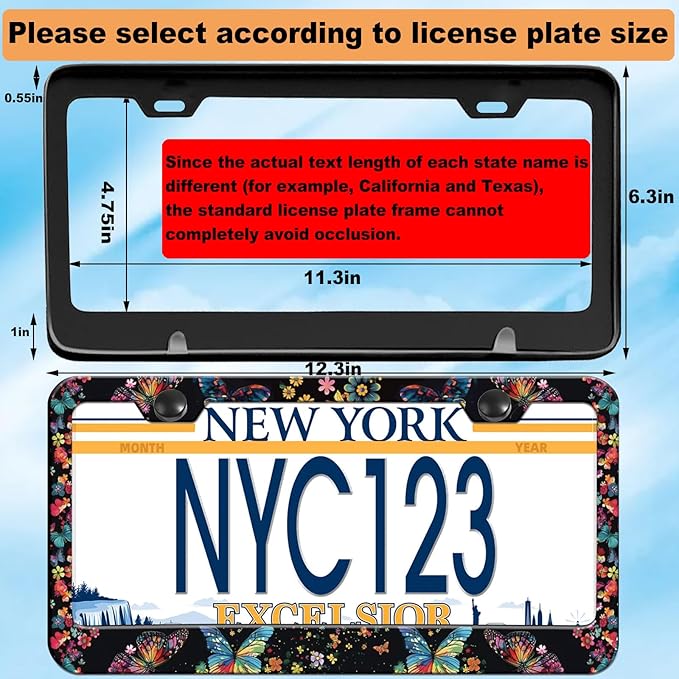 2-Pack Colorful Butterfly Floral License Plate Frames, 2 Holes Butterflies Floral Aluminum License Plate Holder for Women Man, Flower License Plate Cover fits Vehicles with Keychain Wrist Lanyard