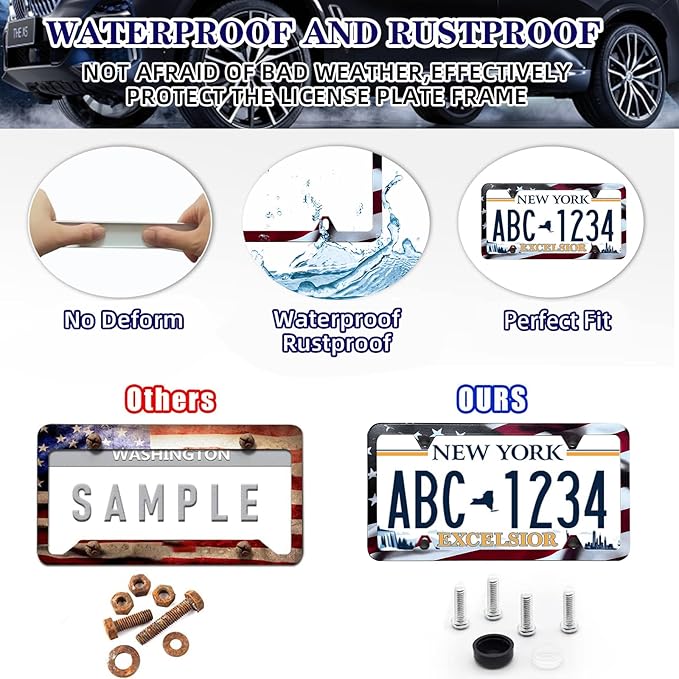 LIN KANG American Flag License Plate Frame Holder - 2 Pack Patriotic Universal Aluminum Matte Stripe US Flag Gloss Car Plate Frame Covers with 4 Holes and Screws Fasteners Caps