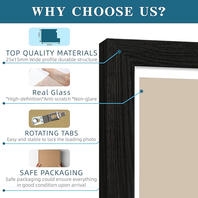 8x10 Picture Frame Set of 4, Made of Real Glass and Rustic Black Wooden Frame, 8 by 10 Photo for Wall or Tabletop - Display Picture 5x7 with Mat or 8x10 Without Mat