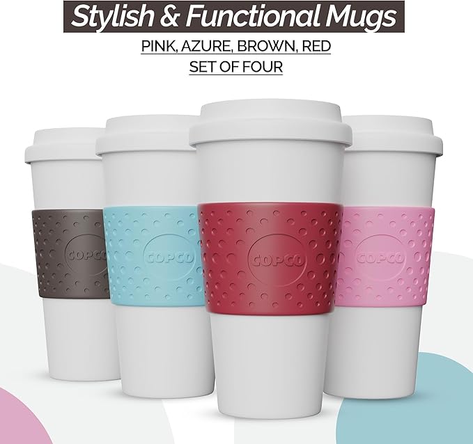 Copco Acadia Travel Mug (4-Pack), 16oz Insulated Coffee Mug with Double-Walled Plastic, Leak-Proof Lid - Microwave & Dishwasher Safe, Non-Slip Sleeve, Hot & Cold Drinks - Bright Colors