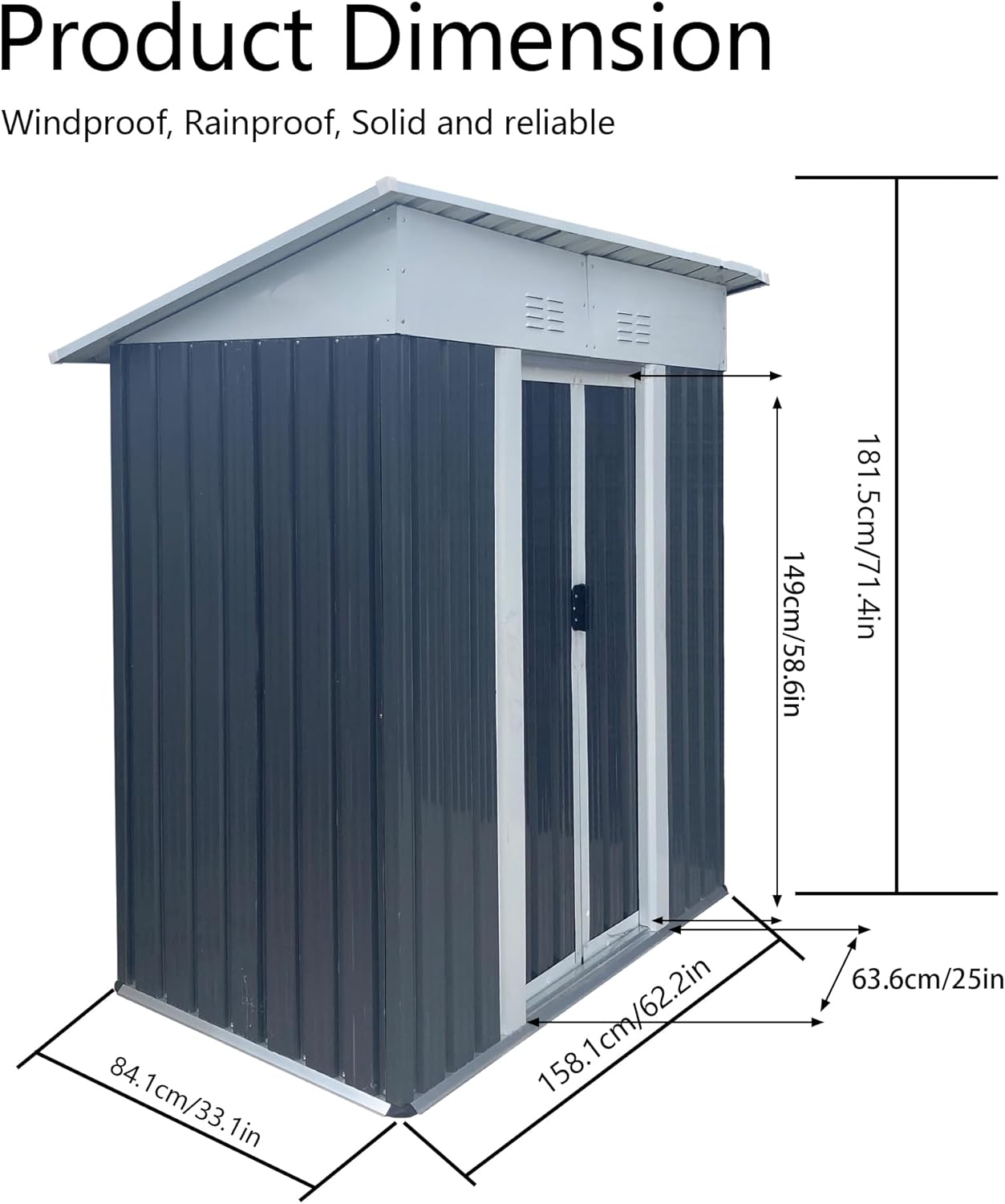 5x3 FT Outdoor Storage Shed with Sloping Roof, Waterproof Metal Garden Sheds w/Lockable Sliding Doors and Vents, Weather Resistant Tool Storage House for Backyard, Patio, Lawn, Grey