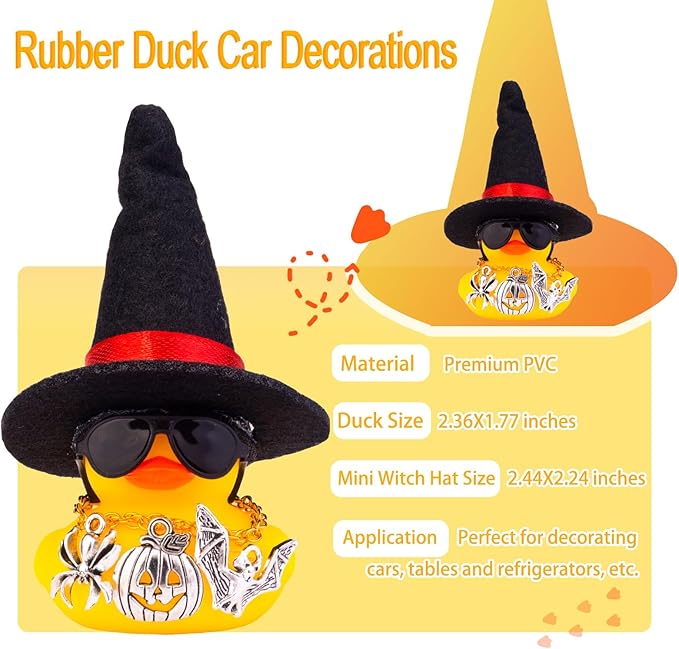 Rubber Duck Car Ornaments Yellow Duck Car Dashboard Decorations with Mini Witch Hat Sunglasses Necklace and Cute Accessories for Party Gifts(H4)