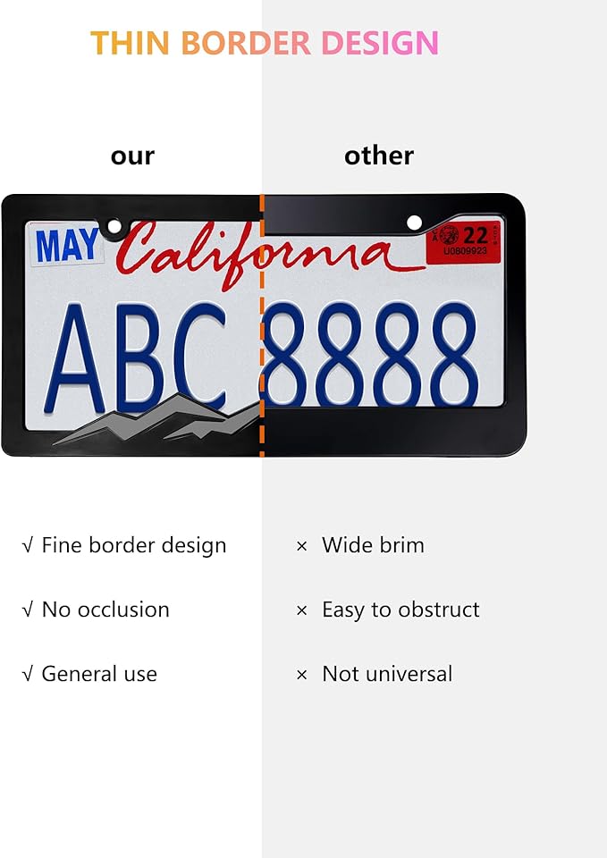 Mountain License Plate Frames - 2 Pack Plastic Car Tag Frame with 3D Mountain Design, Grey on Black, Included Mountain Vinyl Sticker, Screws & Caps