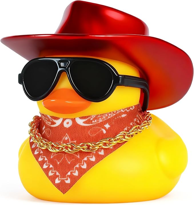 BOZILY Cool Cowboy Rubber Duck with Red Hat, Sunglasses, Bandana & Gold Necklace - Squeaky Dashboard Decor for Car, Stress Relief Squeeze Decor, Funny Gift for Adults