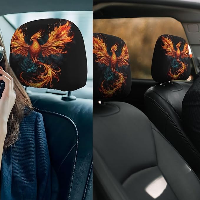Dujiea 2 Pack Fire Animal Pheonix Print Car Headrest Covers, Universal Soft Car Seat Head Rest Cover Protector, Vehicle Accessories Fabric Headrest Cover for Cars Vans Trucks