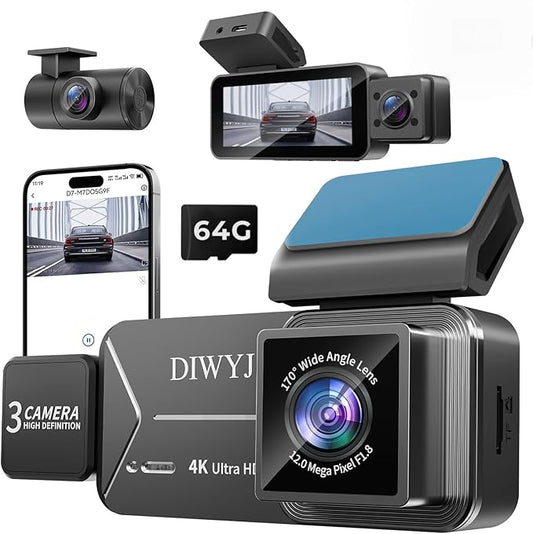 3-Channel 4K Dash Cam, Front 4K + Interior & Rear 1080P, 3.39" IPS Touchscreen, Fisheye Wide-Angle Lenses, WiFi App, Parking Mode, G-Sensor, Supercapacitor, 64GB Card Included