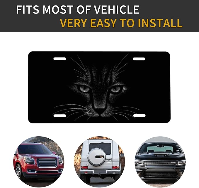 Front License Plate Black Cat Art Vanity Plates Aluminum Metal Decorative Car Tag Novelty License Plate Cover for Men Women ‎6 * 12 in (4 Holes)