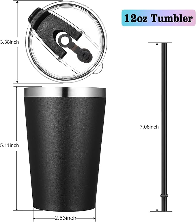 VEGOND 12oz Tumbler Stainless Steel Tumbler bulk Vacuum Insulated Double Wall Travel Tumbler with Lid and Straw Reusable Tumbler, Black 1 Pack