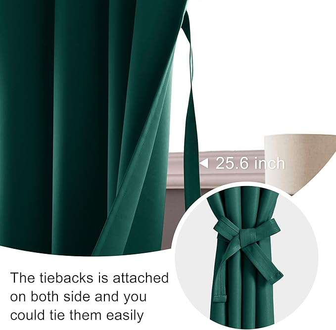 JIUZHEN Forest Green Curtains for Bedroom - Thermal Insulated Blackout Drapes, Room Darkening Rod Pocket Curtains for Dining Room Kids Room, Set of 2 Panels with Tiebacks, 42 x 63 Inch Length