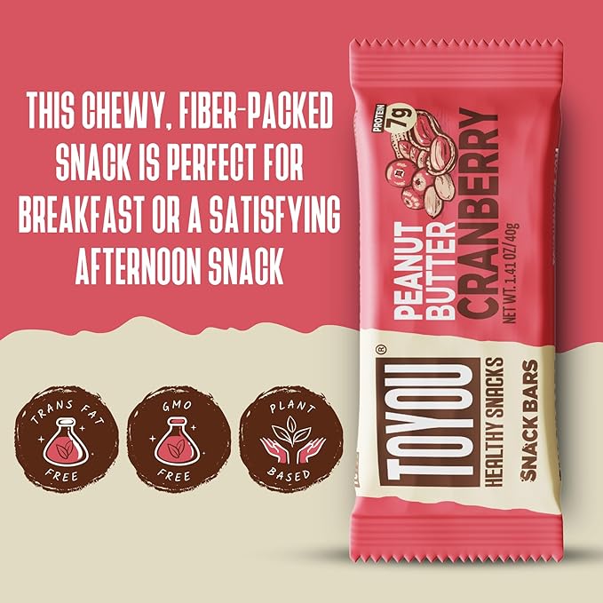 ToYou Chewy Fruit and Nut Bars - Healthy Protein Snacks | Peanut Butter Cranberry - 1.41 Ounce (Pack of 12) | Soft Chewy, Vegan, Fiber-packed Granola Bars for Adults and Kids, Made with Natural Ingredients