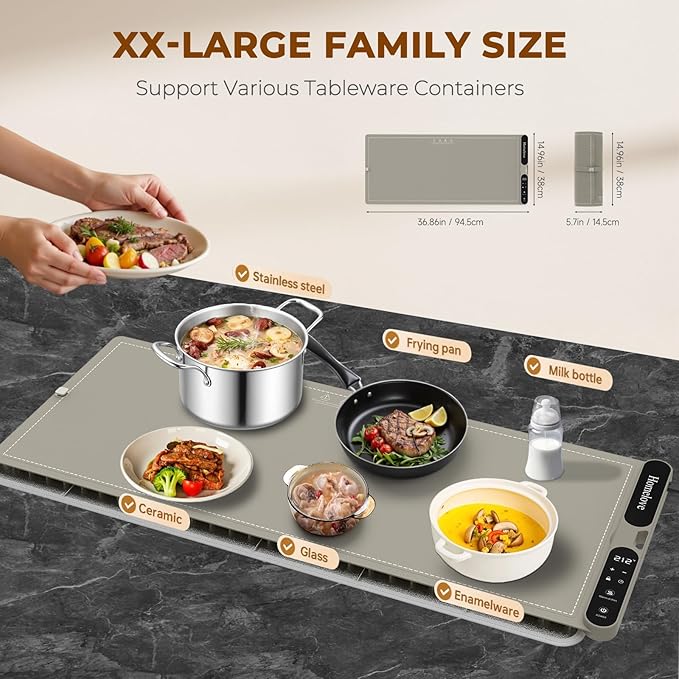 Homelove Food Warming Mat for Parties Buffet - Full Surface Fast Heating Electric Warming Tray with 7 Temp-Settings & 8H Timer, Portable Roll Up Food Warmer with Heat Insulation Pad XXL-Khaki