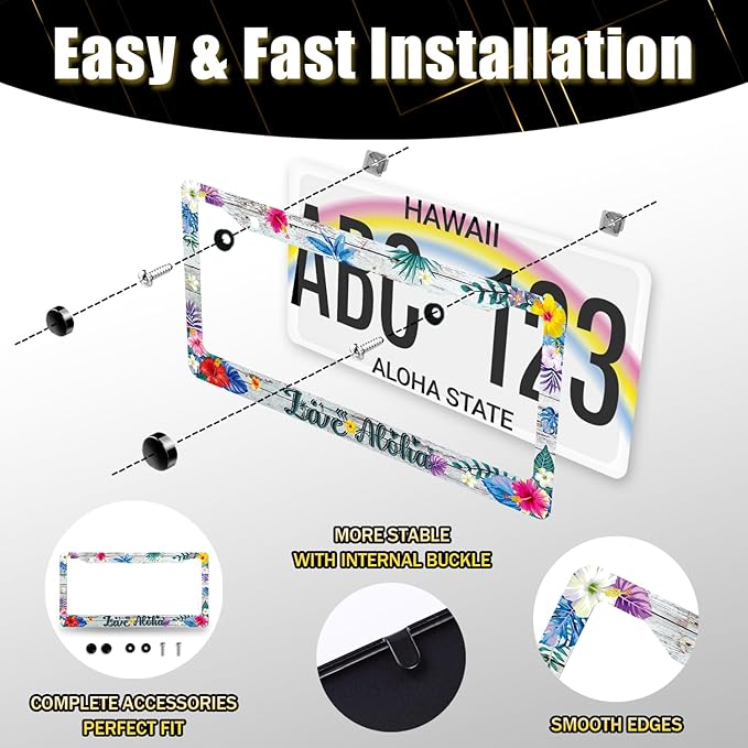 Hawaii License Plate Frame Aloha Hibiscus Flowers License Plate Stainless Steel Funny Accessories Cars Decor for Men Women 12.2 X 6.2 Inch with 2 Holes and Screws Fits Standard Us Ca Vehicles