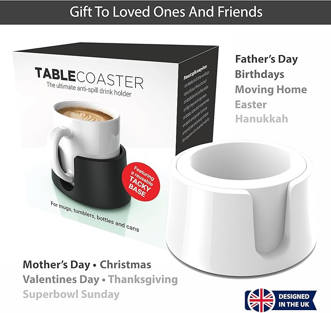 HIT PRODUCTS TableCoaster - Original Anti-Spill Table and Desk Cup Holder, Glacier White - RV and Boat Drink Holder, A Tip-Proof Coaster with Tacky Base and Walled Profile to Prevent Spilled Drinks