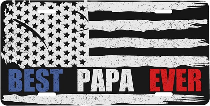 Front License Plate Father's Day Best Papa Ever Vanity Plates Aluminum Metal Decorative Car Tag American Flag Novelty License Plate Cover for Men Women ‎6 * 12 in (4 Holes)