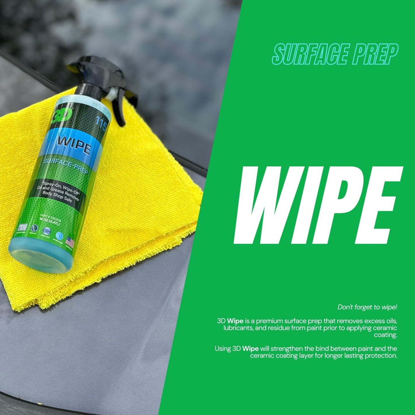 3D Wipe Ceramic Coating Surface Prep - Removes Excess Oils & Lubricants from Paint & Glass Prior to Ceramic Coating Application 1 Gallon