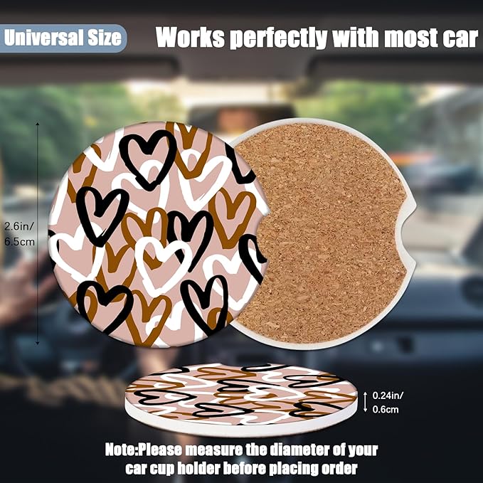 Car Cup Holder Coaster - Love Absorbent Ceramic Coaster 2 Pack, Car Coasters for Cup Holders, Fashion Car Interior Accessories Drink Coaster for Women & Men