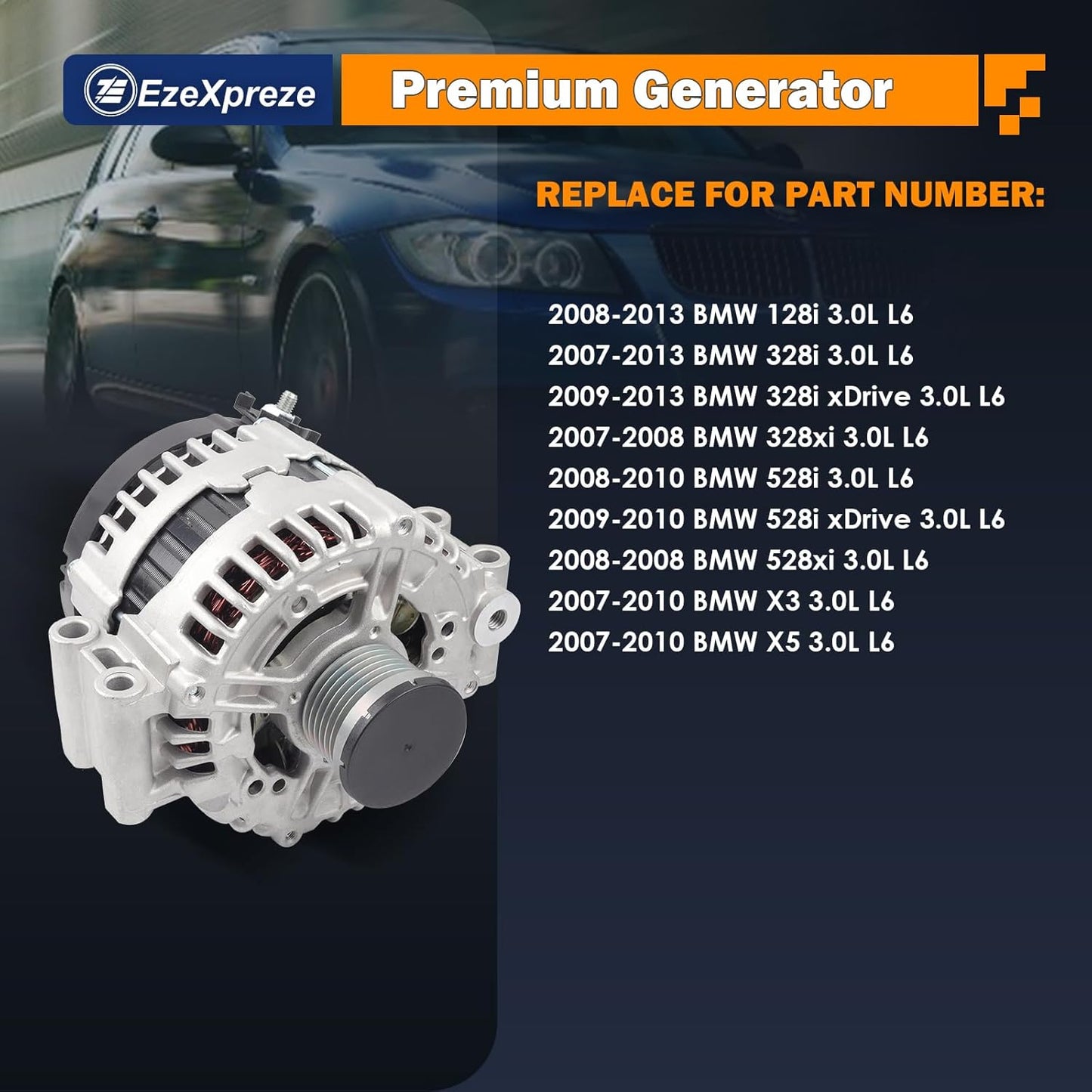 EzeXpreze Alternator for BMW 128i 2008-2013, 328i 2007-2013, 328i xDrive 2007-2008, 328xi 2008-2010, 528i 2009-2010, 528i xDrive 2008, 528xi 2007-2010 X3 X5, 3.0L L6, OE #12317555926 12317551256